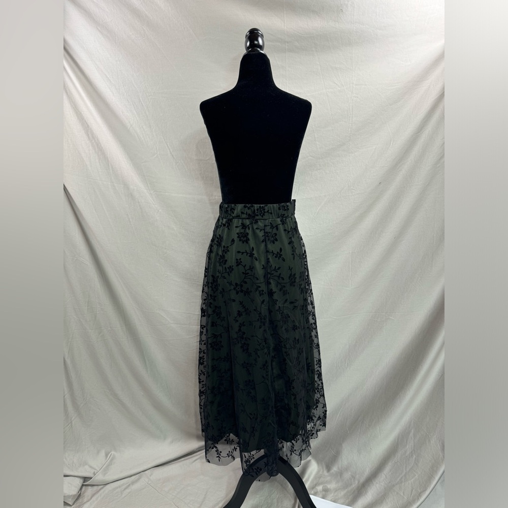 Floral Flocking Tulle Long A-Line Skirt Green - Picture 11 of 11